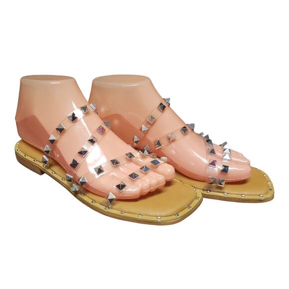 Nicole Miller New York Clear / Silver Pyramid Studded Slide on Flat Sandal - Picture 10 of 11